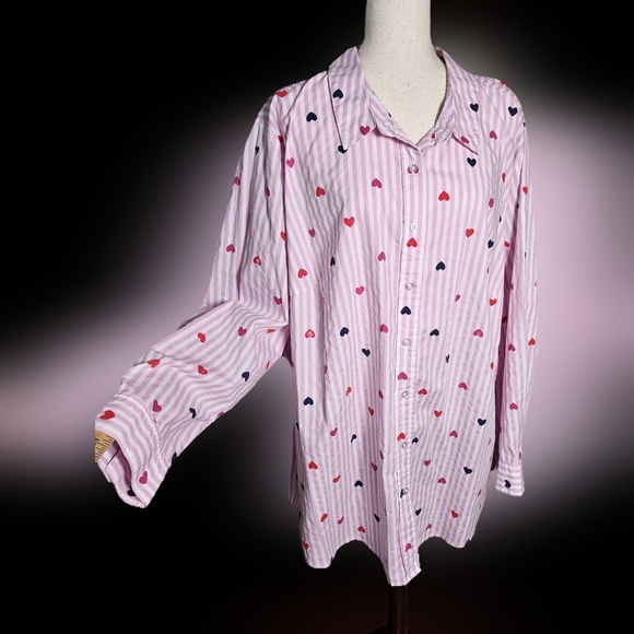 Women Within Button Up Striped Shirt with Hearts Plus Size 3X Pink & White - Picture 1 of 12